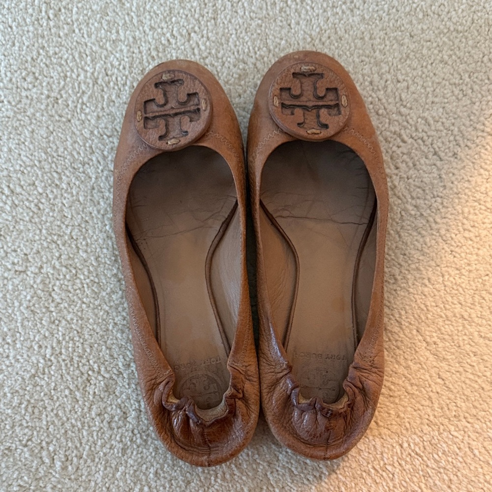 Tory Burch Cognac Leather Logo Ballet Flats